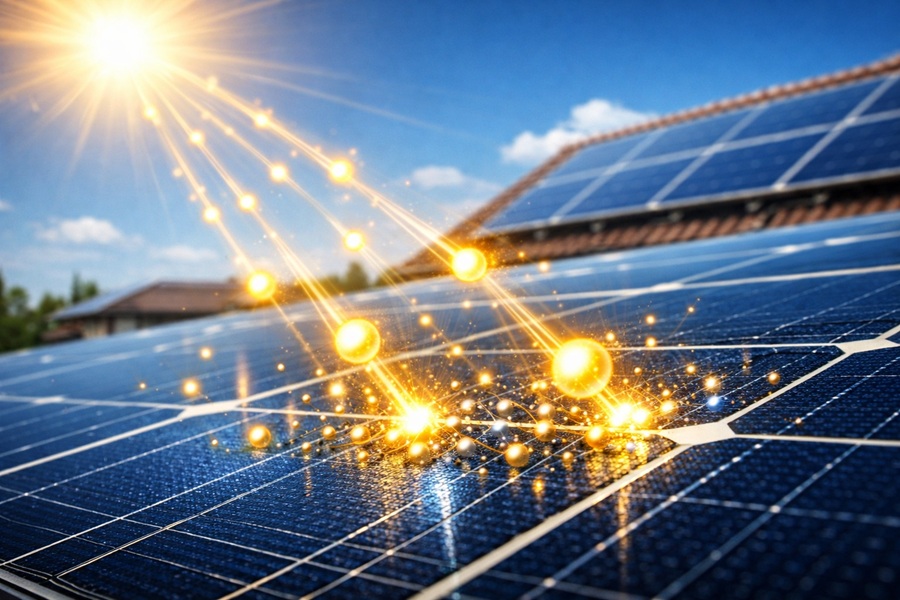 Sunlight photons striking a silicon solar panel surface to generate electricity